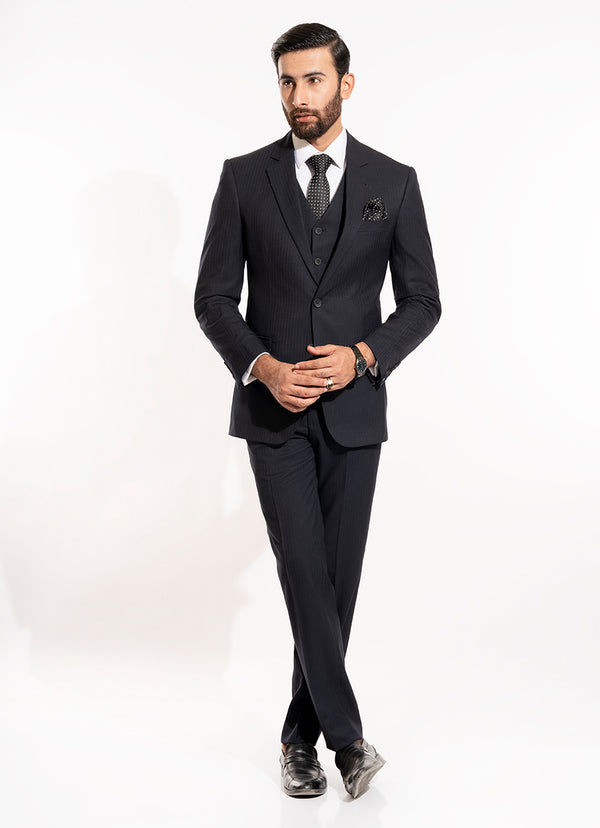 Navy Blue Herringbone 3-Piece Suit