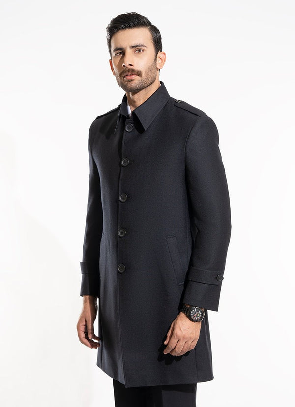 Plain-Black, Wool Rich Worsted Tweed Long Coat