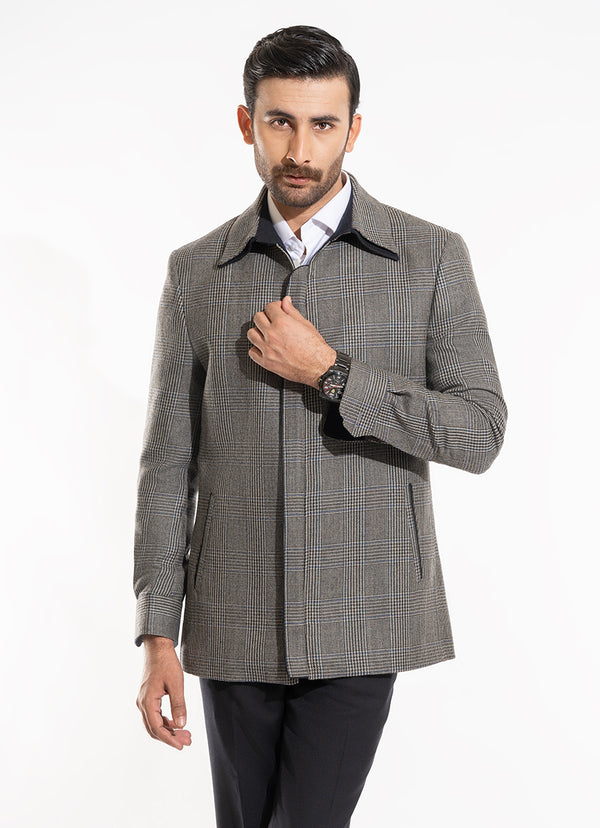 Double Collar Jacket - Worsted Tweed Grey Glen Plaid Checks