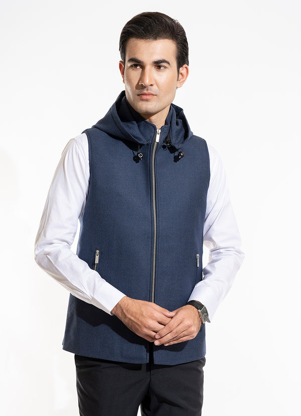 Plain Twill-Blue, Wool Rich Worsted Tweed High Neck Sleeveless Hoodie