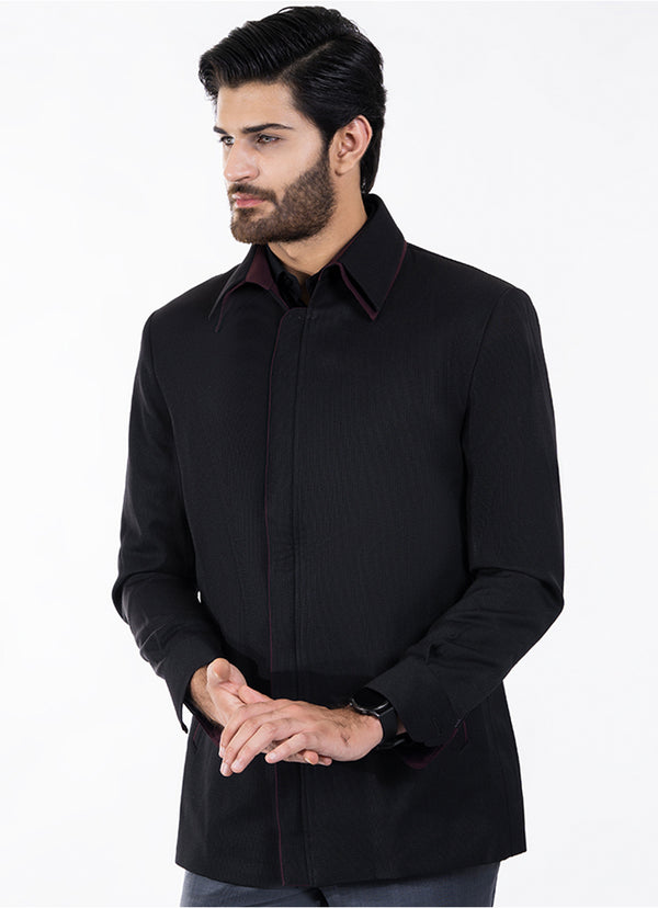 Double Collar Jacket - Delta Suiting-1 Black Self Stripes