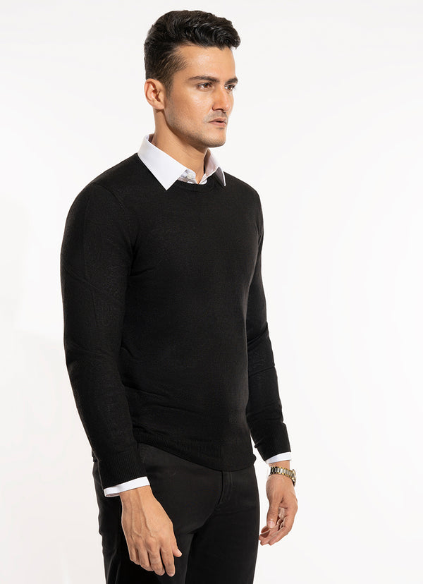 Sweater - Wool Acrylic-Crew Neck Black Plain