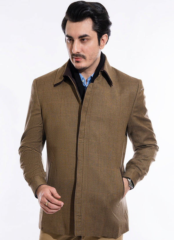 Double Collar Jacket - StockLot Brown Self Stripes