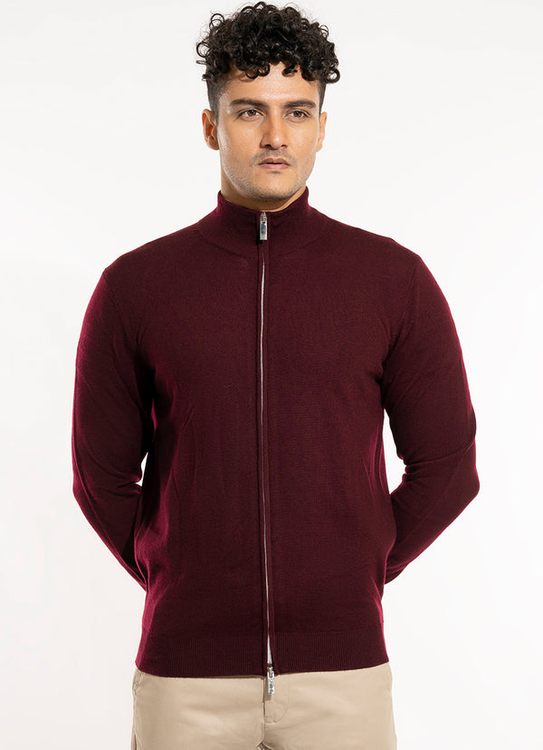 Full Zip Sweater  - Merino Wool Brown Plain