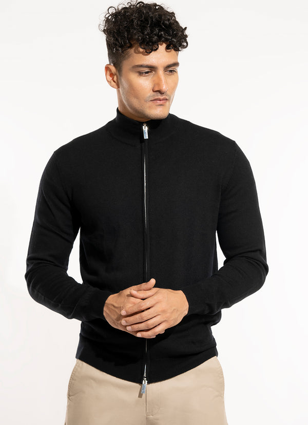 Full Zip Sweater - Merino Wool Black Plain