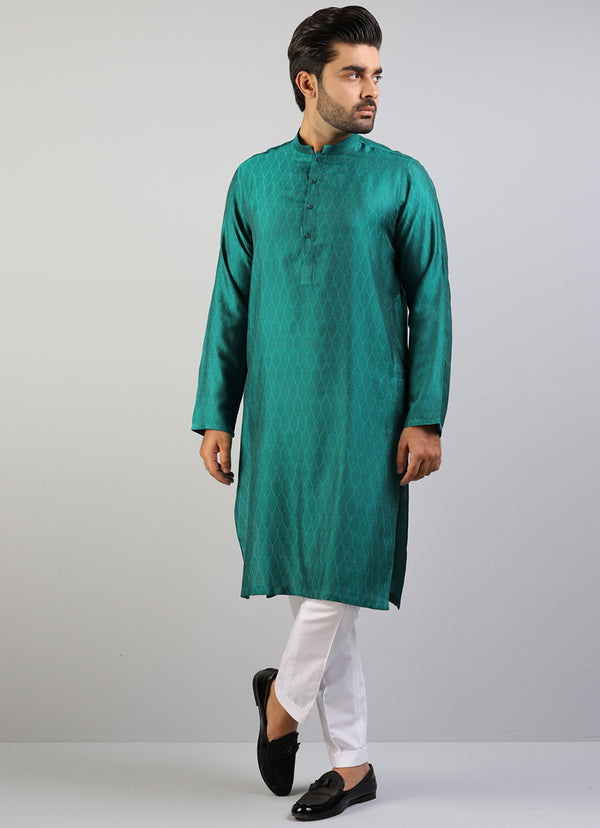 Turquoise Leafy Self Pattern Jamawar Kurta